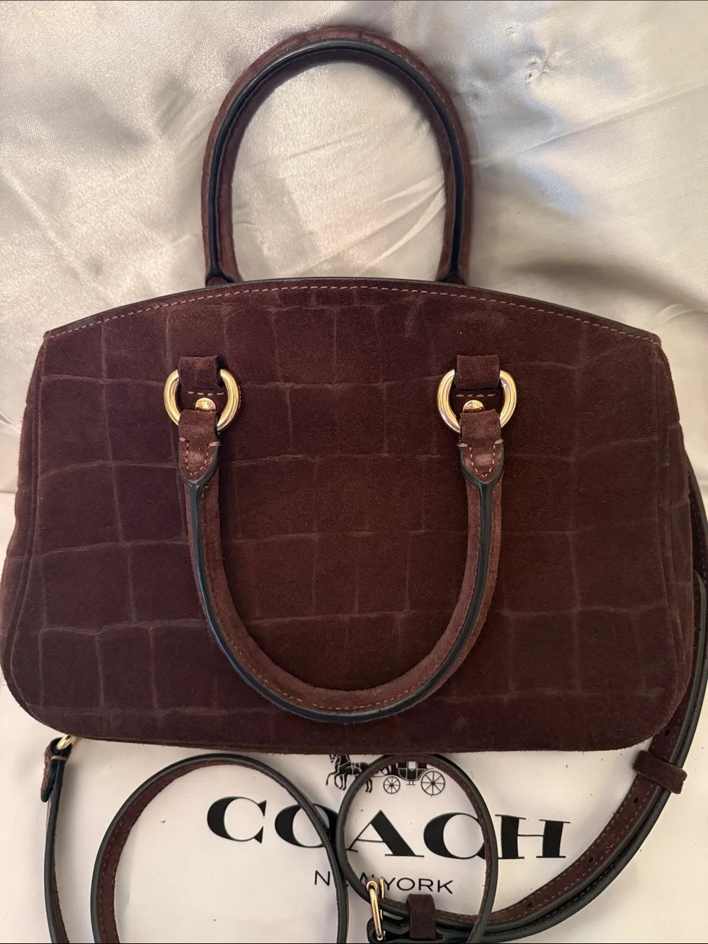 🤎Coach PreOwned Vintage Brown Maple  Savannah Small Carryall Suede Croc-Embossed